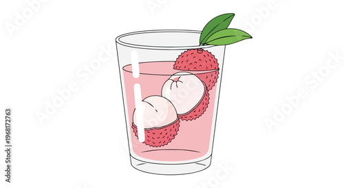 A delightful illustration of a refreshing lychee beverage, presenting succulent fruit pieces submerged in a vibrant pink liquid, garnished with