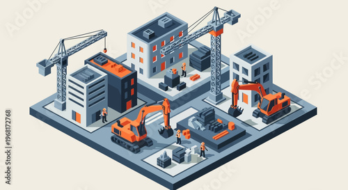 Isometric illustration depicting two construction professionals in safety gear, actively discussing project plans and collaborating on site, symbolizing teamwork and successful execution