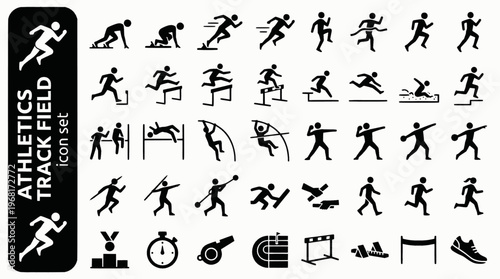 Athletics Track Field Bold Line Icons-Sprint Start Block Hurdle Leap Long Jump High Jump Fosbury Shot Put Discus Hammer Javelin Pole Vault-15 Athletics Icon Set Vector - Track Field Icons