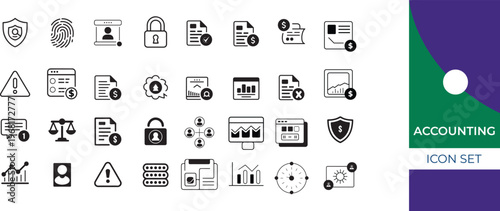 Comprehensive collection of black accounting and finance icons for business management and digital data tracking systems