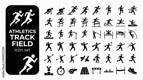 Athletics Track Field Bold Line Icons-Sprint Start Block Hurdle Leap Long Jump High Jump Fosbury Shot Put Discus Hammer Javelin Pole Vault-15 Athletics Icon Set Vector - Track Field Icons