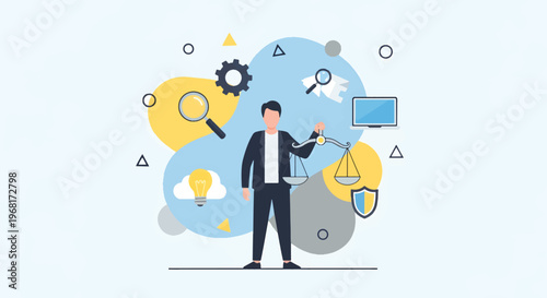 A modern flat vector illustration shows a businessman standing confidently in a contemporary office environment surrounded by technology and business icons. 