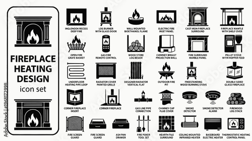 Fireplace Heating Design Bold Line Icons-Inglenook Recess Log Burner Bioethanol Flame Electric Fire Cast Iron Fireplace Gas Fire Fireplace Mantle Open Fire-15 Fireplace Icon Set Vector - Heating Desig