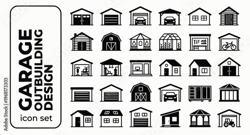 Garage Outbuilding Design Bold Line Icons-Garage Door Double Garage Carport Garden Office Garden Studio Log Cabin She-Shed Garage Conversion Storage Shed-15 Outbuilding Icon Set Vector - Garage Design