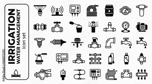 Irrigation Water Management Bold Line Icons-Drip Irrigation Sprinkler Head Controller Soaker Hose Water Butt Rain Sensor Pressure Regulator-15 Irrigation Icon Set Vector - Water Management Icons