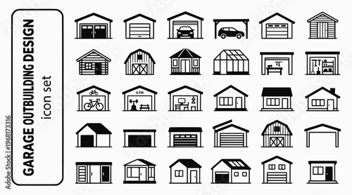 Garage Outbuilding Design Bold Line Icons-Garage Door Double Garage Carport Garden Office Garden Studio Log Cabin She-Shed Garage Conversion Storage Shed-15 Outbuilding Icon Set Vector - Garage Design