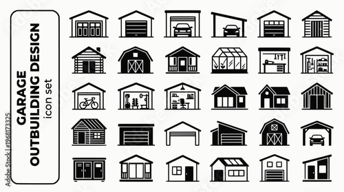 Garage Outbuilding Design Bold Line Icons-Garage Door Double Garage Carport Garden Office Garden Studio Log Cabin She-Shed Garage Conversion Storage Shed-15 Outbuilding Icon Set Vector - Garage Design