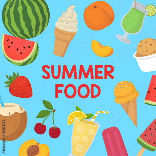 Summer food and desserts background with ice cream, fruits and cocktails watermelon, strawberry, cherries