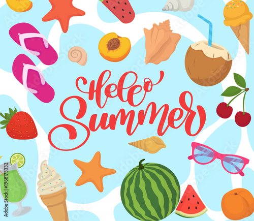 Summer greeting card with tropical fruits, ice cream and seashells icons Colorful summer banner vacation symbols