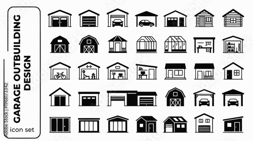 Garage Outbuilding Design Bold Line Icons-Garage Door Double Garage Carport Garden Office Garden Studio Log Cabin She-Shed Garage Conversion Storage Shed-15 Outbuilding Icon Set Vector - Garage Design