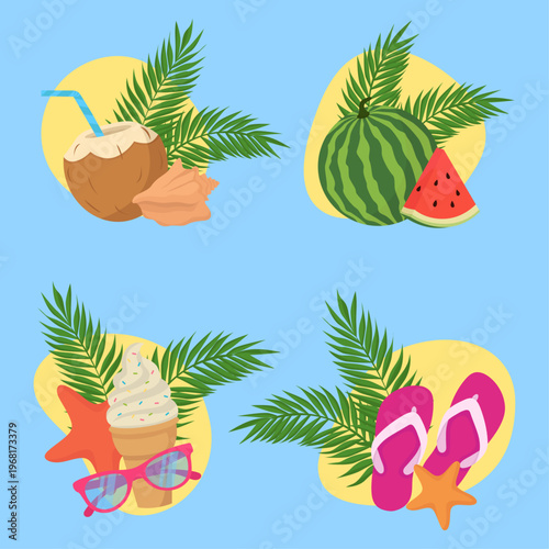 Summer vacation compositions set with tropical leaves, fruits and beach accessories watermelon, coconut drink and ice cream on blue background