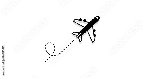 A minimalist black airplane icon traces a simple dashed circular flight path on a clean white background