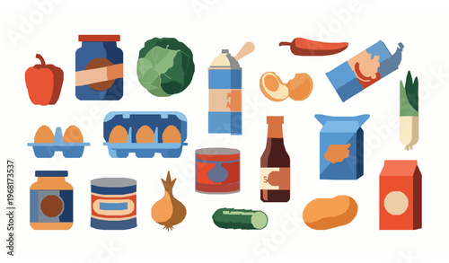 Colorful grocery and supermarket food icons with packaged goods vegetables and canned products flat vector set