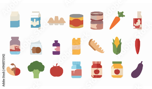 Flat supermarket food products icon set with packaged goods canned food and fresh vegetables isolated vector collection