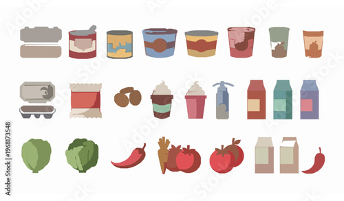 Minimal supermarket food product icons with packaged groceries canned goods and vegetables clean vector set
