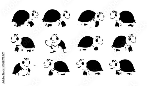 Cute smiling turtle cartoon vector set with funny sea and land tortoise characters in playful poses for kids design