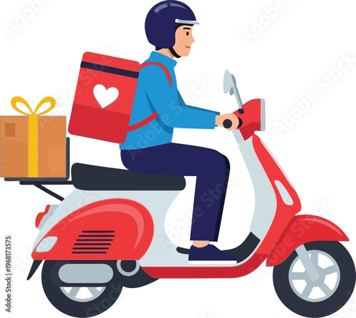 Delivery person riding a scooter with a package and a red insulated bag.