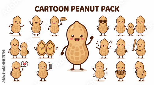 Set of cute cartoon peanut characters in various poses and expressions isolated on white background
