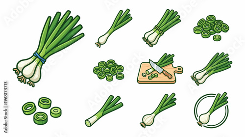 Green scallion onion set featuring whole stalks chopped slices and cutting board illustrations isolated on white background