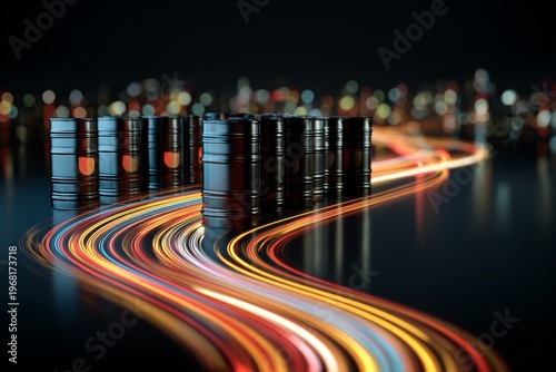 Dynamic oil supplies: navigating the global economic challenge. Data streams. Enhanced perspective: venezuelan oil barrels reflecting evening energy markets. Wireless signal.
