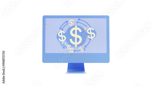 Принти на полотні Modern silver desktop computer monitor displaying rotating dollar signs symboliz