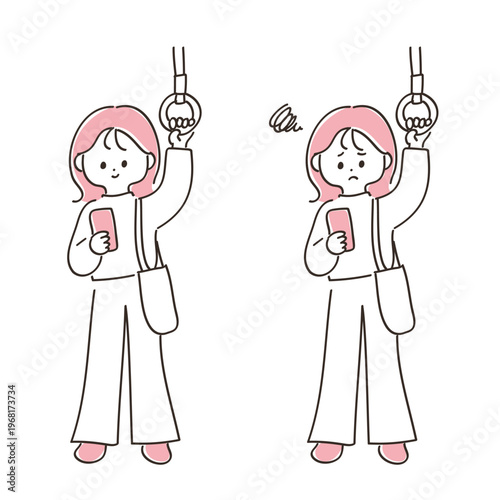 電車でスマートフォンを見る若い女性｜笑顔と不満の表情セット