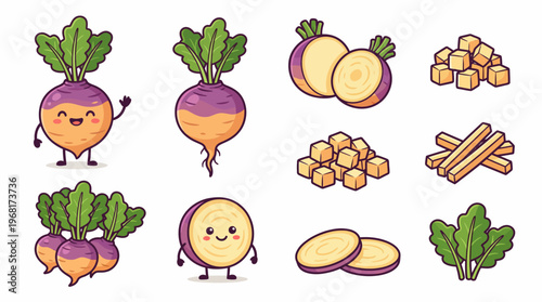 Comprehensive rutabaga vegetable set with whole root cut slices cubes and cute mascot character isolated on white background