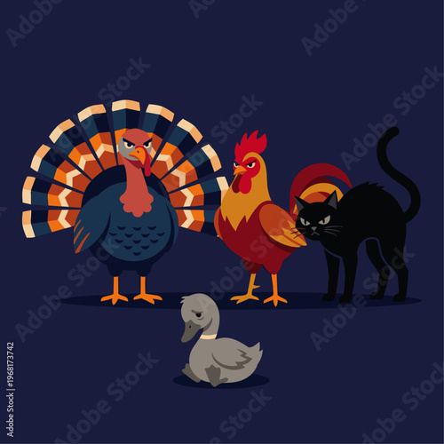 A flat vector scene featuring a group of stylized farm animals (a turkey with graphic tail feathers, a rooster, a cat) all staring judgmentally at a single, slouching grey duckling. 
