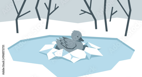 A flat vector illustration using a cool color palette of whites, blues, and greys. The grey duckling is shown huddled, shriveled, and stuck in a small patch of geometric ice on a frozen pond.