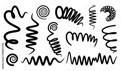 Flexible coil and spiral spring silhouettes vector collection with dynamic wire shapes and abstract forms