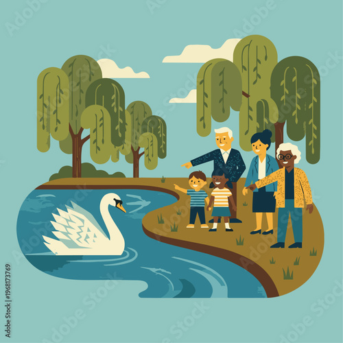 A serene, final composition. The beautiful white swan is surrounded by children and adults on the bank of a stylized lake, all smiling and pointing admiringly. Solid background with stylized weeping 