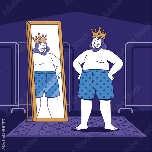 A flat vector illustration of the Emperor standing in front of a giant, minimalist mirror. He is wearing only polka-dot boxers, looking at himself with a proud expression. 