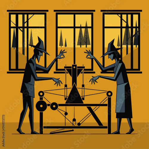 Two thin, sharp-angled characters (the weavers) standing at an empty, geometric loom. Their hands are mid-air as if holding fine silk, but nothing is there. The background is a solid, warm yellow wall