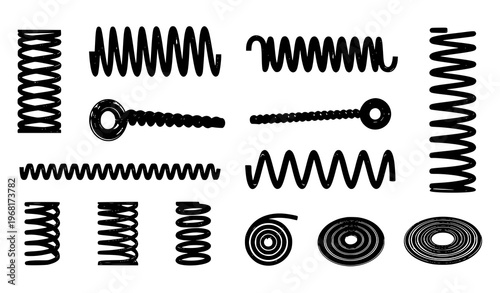 Spiral spring silhouette vector set with metal coil and flexible wire springs in mechanical style collection