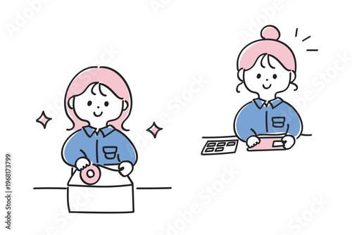 シール・ラベル貼りや梱包をするゆるかわいい女性のイラストセット