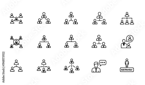 Network group and team structure line icons with people communication and add member symbols vector set