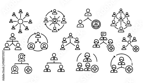 Social network and team communication icons vector collection with group connection and add member symbols