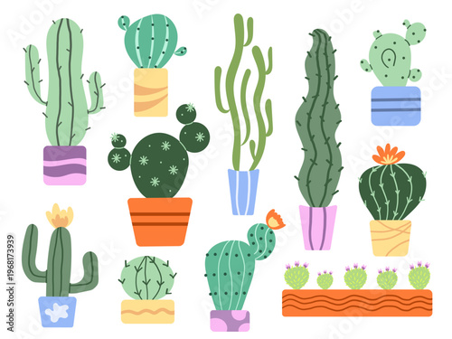 Stylized cacti collection with potted. Succulents and desert plants. Minimalist houseplant illustration set for home decor, gardening blogs, and eco friendly designs.