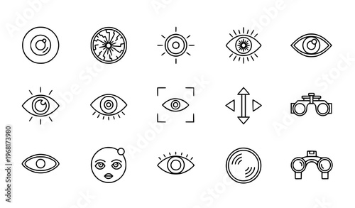 Eye vision and eyesight line icons vector set with ophthalmic lenses and looking direction pictograms