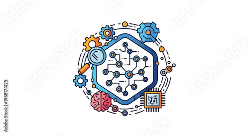 Innovative depiction of artificial intelligence frameworks and data processing systems with cognitive elements