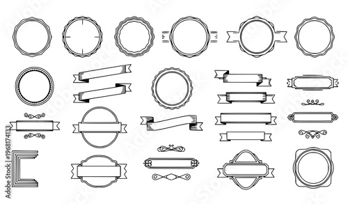 Vintage retro line emblem vector set with decorative badges, ornate frames, and dividers for design