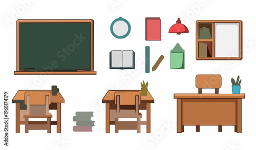 School classroom vector set with chalkboard, desks, chairs, and educational furniture cartoon illustration