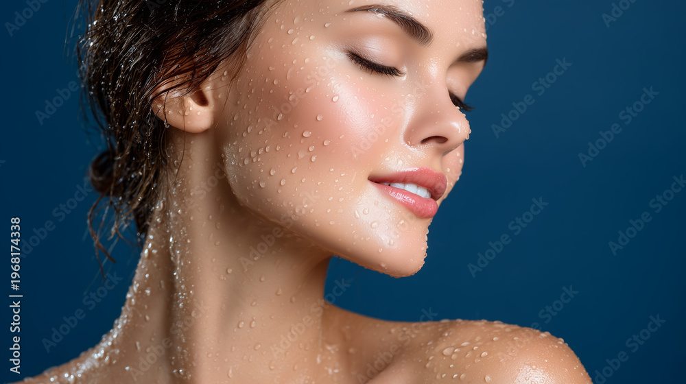 Naklejka premium Woman with water droplets on face smiles softly, showcasing natural beauty in a studio setting during evening