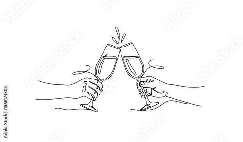 One line champagne toast vector with continuous line couple glasses clinking for wedding celebration minimalist design