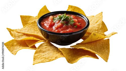Photos Crispy golden tortilla chips surrounding a black bowl filled with vibrant red sa