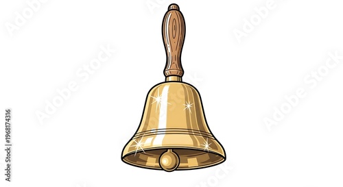 A classic golden handbell with a shiny polished surface and a brown wooden handle is depicted