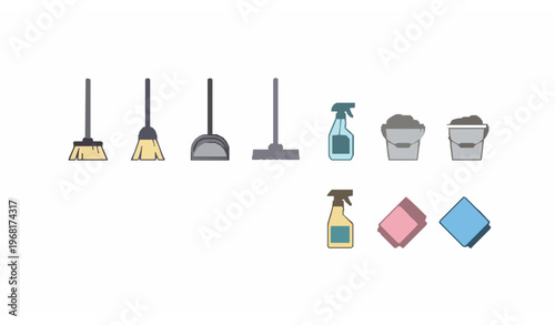House cleaning tools vector set with broom mop dustpan and household hygiene equipment cartoon icons