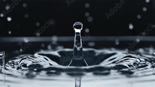 A single drop of water creates ripples and splashes in dark environment