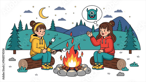 Two Children Sitting by a Campfire at Night – Telling Spooky Stories and Imagining Woodland Creatures, Cozy Outdoor Adventure Illustration