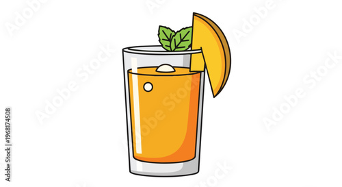 Vibrant cartoon depiction of a tall glass of refreshing mango juice, garnished with a ripe fruit slice and crisp mint leaves, ideal for a tropical